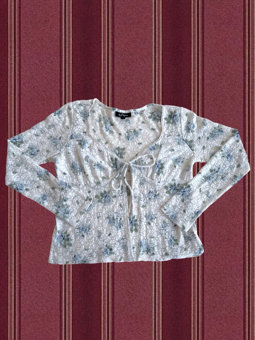 Self Esteem Floral Lace Tie-Front Blouse in White & Blue Size Medium